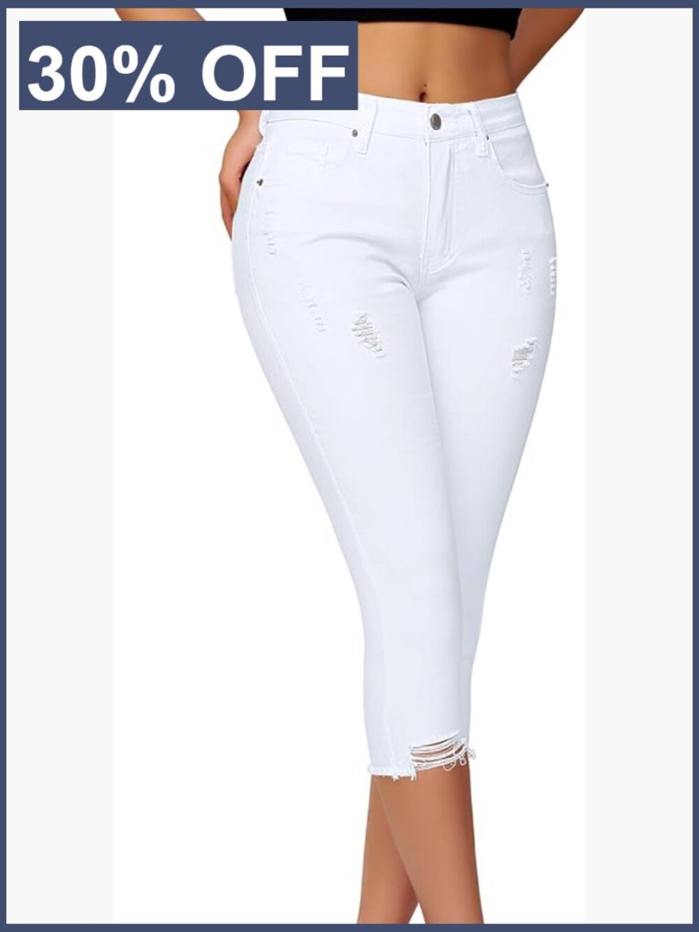 Mid Rise Capri Skinny Ripped Stretch Cropped Distressed Jeans
